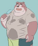 anthro blue_background blush bodily_fluids bottomwear brown_body brown_fur clothed clothing duo fur hug kemono male overweight overweight_male pants shirt shorts simple_background sweat topwear 00murice bear mammal 2021 low_res