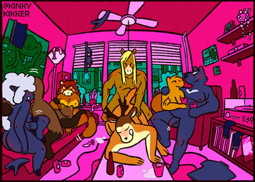 ambiguous_gender anthro antlers beverage_can blinds bodily_fluids bra breasts ceiling_fan clothing condom condom_on_floor container cum cup ejaculation electric_fan erection female filled_condom fisheye_lens furniture genital_fluids genitals group group_sex gynomorph holding_container holding_cup holding_object horn inside intersex male nude orgy penis pink_wall poster poster_(object) record_player sex sexual_barrier_device shelf speaker text underwear kinkykikker badger bovid caprine capybara caviid deer equid equine felid horse mammal mustelid musteline pantherine rodent sheep tiger adversarial_noise artist_name digital_media_(artwork)