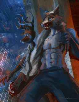amputee anthro antlers athletic athletic_male blood bodily_fluids bottomwear clothed clothing disability duo gore horn male missing_limb muscular necktie topless topwear elson_wong beastars legoshi_(beastars) louis_(beastars) canid canine canis cervine deer mammal red_deer wolf 2018
