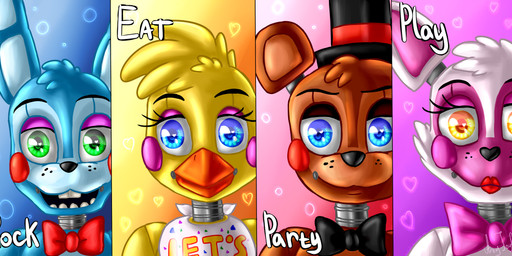 anthro beak bib black_nose blonde_hair blue_body blue_eyes blue_fur blue_hair blue_inner_ear bow_tie brown_body brown_fur brown_hair buckteeth cheek_tuft clothing eyebrows eyelashes eyeshadow facial_tuft feathers female freckles fur green_eyes grey_body group hair half-closed_eyes hat head_tuft headgear headwear heart_eyes heart_symbol lipstick looking_at_viewer machine makeup male narrowed_eyes pink_body pink_cheeks pink_fur pink_inner_ear red_cheeks tan_inner_ear teeth text tuft white_body white_fur white_hair yellow_body yellow_eyes yellow_feathers artyjoyful five_nights_at_freddy's five_nights_at_freddy's_2 scottgames mangle_(fnaf) toy_bonnie_(fnaf) toy_chica_(fnaf) toy_freddy_(fnaf) animatronic avian bear bird canid canine chicken fox galliform lagomorph leporid mammal phasianid rabbit robot 2015 absurd_res english_text hi_res