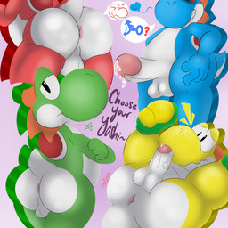 anus balls big_butt bodily_fluids bubble_butt butt clothing crossed_arms evil_face excited footwear gender_symbol genital_fluids genitals green_body group heart_symbol highlights_(coloring) leaking leaking_precum looking_at_viewer looking_back male penis precum presenting presenting_hindquarters rear_view shoes smug smug_face symbol text psi_blast_(artist) mario_bros nintendo super_mario_world yoshi_(character) cyan_yoshi dinosaur green_yoshi prehistoric_species red_yoshi reptile scalie yellow_yoshi yoshi 1:1 absurd_res hi_res shaded