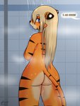 anthro bathing bathroom blonde_hair blue_eyes butt female fur hair multicolored_body multicolored_fur nude showering solo speech_bubble stripes tail water wet wet_hair catsockjus lily_(catsockjus) felid mammal pantherine tiger 3:4 hi_res