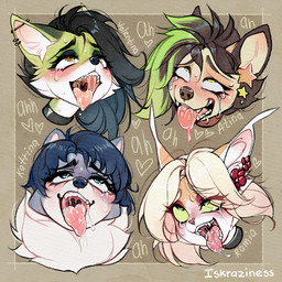 ahegao anthro biped black_hair black_nose blonde_hair blue_body blue_eyes blue_fur blue_hair blush bodily_fluids border brown_hair close-up drooling ear_piercing eye_roll eye_through_hair eyebrow_through_hair eyebrows eyelashes eyelashes_through_hair female female_anthro fucked_silly fur green_body green_eyes green_fur group hair hair_over_eye heart_symbol inner_ear_fluff iris looking_pleasured looking_up moan mouth_shot open_mouth outside_border philtrum piercing pink_nose pupils raised_inner_eyebrows saliva teeth text tongue tongue_out translucent translucent_hair tuft uvula iskra atina_(iskra) katrina_(iskra) ramia_(iskra) valentina_(iskra) canid canine domestic_cat felid feline felis fox mammal 1:1 2025 character_name digital_drawing_(artwork) digital_media_(artwork)