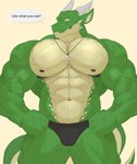 2_horns abs anthro biceps green_body horn male muscular muscular_anthro muscular_male pecs scales tail text reachea mythology ragner dragon mythological_creature mythological_scalie scalie english_text hi_res