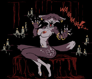 anthro bangle barbell_piercing bracelet candle digit_ring ear_piercing ear_ring facial_tuft fangs feet female gold_(metal) gold_jewelry grin jewelry markings navel navel_piercing nipple_piercing nipples piercing ring ring_(jewelry) ring_piercing smile solo spots spotted_body spotted_hips spotted_legs spotted_thighs tail teeth text toe_ring toes tuft hieronymusjohnson canid canine mammal aliasing binary_drawing digital_drawing_(artwork) digital_media_(artwork)