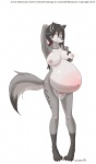 anthro balls belly big_belly biped bodily_fluids breasts erection genitals hair herm intersex lactating long_hair nipples nude orange_eyes penis pregnant pregnant_anthro pregnant_herm pregnant_intersex simple_background smile solo standing tail tattoo text white_background mess1ah greywolf_blacksock canid canine canis mammal wolf 2010 english_text