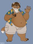 anthro camera clothed clothing disposable_camera gesture male moobs obese obese_anthro obese_male open_clothing open_shirt open_topwear overweight overweight_anthro overweight_male shirt smile solo topwear waving dbd mammal mink mustelid musteline true_musteline absurd_res hi_res