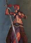 anthro armor bracers breasts clothed clothing featureless_crotch female horn melee_weapon nipples non-mammal_breasts non-mammal_nipples partially_clothed pauldron red_body red_scales scales smile solo sword topless weapon zweihander tram15vay microsoft the_elder_scrolls argonian reptile scalie absurd_res hi_res