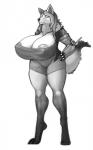 5:8 anthro areola big_breasts breasts canid canine clothed clothing curvy_figure female fur hair hands_on_hips hi_res huge_breasts hyper hyper_breasts mammal maned_wolf monochrome ndragon3 nipple_outline solo standing thick_thighs voluptuous