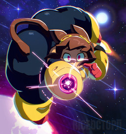 4_fingers anthro arm_cannon armwear big_butt bottomwear brown_ears brown_hair brown_tail butt clothing eyebrows eyewear eyewear_on_head female female_anthro fingers front_view goggles goggles_on_head hair light looking_at_viewer solo space star tail thick_thighs white_sclera wide_hipped_anthro wide_hipped_female wide_hips yellow_armwear yellow_clothing yellow_eyewear yellow_goggles riceoctopii gameoverse glitch_productions kit_bodega domestic_cat felid feline felis mammal 2026 digital_media_(artwork) hi_res lighting portrait