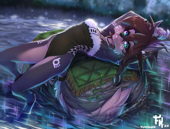 4_toes 5_fingers anthro arm_markings barefoot black_nose boulder breasts brown_hair clothed clothed_anthro clothed_female clothing digitigrade dress facial_markings feet female female_anthro fingers foot_in_water fur green_eyes grey_body grey_fur grin grinning_at_viewer hair head_markings hindpaw humanoid_hands leg_markings looking_at_viewer lying markings nature night on_back on_rock outside paws rock slim slim_anthro slim_female small_breasts smile smiling_at_viewer solo tail thigh_markings toes tribal tribal_markings water conditional_dnp fluff-kevlar tala_(fluff-kevlar) canid canine canis mammal wolf 2023 dated full-length_portrait portrait