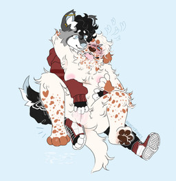 anthro big_breasts blush bodily_fluids breasts clothing drooling duo ejaculation female female/female foster_(rroostersauce) genital_fluids overweight pawpads paws piercing sage_(rroostersauce) saliva vaginal_fluids vaginal_squirting rroostersauce african_wild_dog canid canine canis domestic_dog mammal absurd_res hi_res