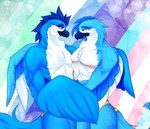 anthro beak blue_beak blue_body blue_feathers blush clothing duo feathers lgbt_pride male male/male mastectomy_scar pride_colors romantic romantic_couple scar transgender_pride_colors underwear vincian_pride_colors cassielink avian absurd_res digital_media_(artwork) hi_res shaded soft_shading trans_(lore) trans_man_(lore)