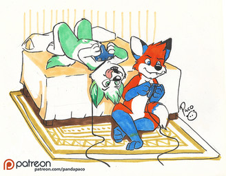 anthro black_nose blue_body blue_eyes blue_fur closed_smile controller featureless_crotch fur green_body green_eyes green_fur green_hair hair head_tuft holding_controller holding_object inside logo lying male mouth_closed nude on_back open_mouth patreon_logo playing_games red_body red_fur red_tongue sitting smile solo tongue tongue_out tuft white_body white_fur white_hair young young_anthro young_male pandapaco patreon canid canine mammal artist_logo signature