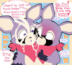 anthro biped black_body black_fur black_nose blush bodily_fluids cum cum_on_face cum_on_object dialogue duo exclamation_point fingers fur genital_fluids heart_symbol kerchief looking_at_object male male_anthro multicolored_body multicolored_fur neckerchief neckwear plushie pupils purple_body purple_ears purple_eyes purple_fur question_mark red_kerchief red_neckerchief speech_bubble standing sweat tan_body tan_fur text tongue sushiamazing indigo_park rambley_raccoon mammal procyonid raccoon 2026 digital_media_(artwork) english_text hi_res