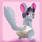 ambiguous_gender anthro big_diaper diaper feces fur grey_body grey_fur hair looking_back pink_eyes purple_hair rear_view simple_background soiled_diaper soiling solo unclean_diaper used_diaper hammymushpants mirly_(mirlywirl) mammal mouse murid murine rodent 2024 digital_drawing_(artwork) digital_media_(artwork)