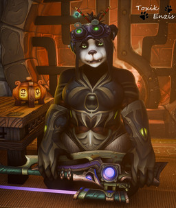 4_fingers anthro black_body black_fur black_hair black_nose ear_piercing ear_ring female fingers fur green_eyes hair kneeling looking_at_viewer multicolored_body multicolored_fur piercing ponytail ring_piercing solo two_tone_body two_tone_fur white_body white_fur toxik_enzis blizzard_entertainment warcraft si:7_agent_rose bear mammal pandaren ursine 3d_(artwork) digital_media_(artwork) hi_res