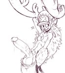 alternate_form anthro antlers armpit_hair athletic athletic_male balls big_balls big_penis blush bodily_fluids body_hair clothed clothing erection genital_fluids genitals hand_behind_head hat headgear headwear horn huge_penis humanoid_genitalia humanoid_penis male narrowed_eyes nervous_smile nipples open_mouth penis precum simple_background smile solo teeth tongue topless vein veiny_penis white_background ghastlygh one_piece tony_tony_chopper tony_tony_chopper_(horn_point_form) deer horn_point mammal new_world_deer reindeer 2020