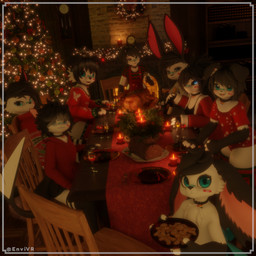 alcohol anthro band-aid bandage bell bell_collar beverage black_body black_fur black_hair black_nose blue_eyes cake candle candlelight candlestick christmas_clothing christmas_decorations christmas_lights christmas_tree clothing collar container cup dessert dinner dinner_table drinking_glass female fireplace food fur furniture gingerbread glass glass_container glass_cup group hair holidays light looking_at_viewer male male/female meat overalls plant sweater table topwear tree turkey_meat white_body white_fur wine wine_bottle wine_glass envivr blender_cycles christmas envi_(sona) canid canine canis caracal caracal_(genus) domestic_dog felid feline fish lagomorph leporid mammal marine rabbit shark 1:1 3d_(artwork) absurd_res blender_(artwork) digital_media_(artwork) hi_res