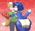 anthro big_butt blue_body blue_fur blue_hair blush box_of_chocolates breasts butt candy chocolate clothed clothing dessert duo female food fur hair holidays kissing male overweight overweight_anthro romantic romantic_couple simple_background tail thick_thighs chocend nintendo star_fox valentine's_day fox_mccloud krystal_(star_fox) canid canine fox mammal digital_media_(artwork) hi_res watermark