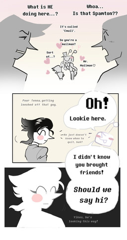 ambiguous_gender blush clothing dialogue electronics for_a_head group hair hat headgear headwear heart_symbol male not_furry open_mouth screen screen_face simple_background speech_bubble television text spmtnlove deltarune undertale_(series) spamton_g._spamton tenna_(deltarune) addison_(deltarune) darkner humanoid object_head screen_head tv_head comic digital_media_(artwork) english_text hi_res