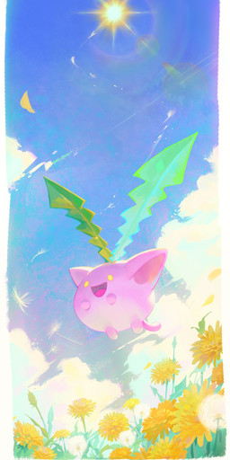 ambiguous_gender cloud dandelion feral flower flying grass open_mouth pink_body plant sky solo sun tail tongue yellow_eyes jinwudraw nintendo pokemon generation_2_pokemon hoppip pokemon_(species) 2026 absurd_res hi_res
