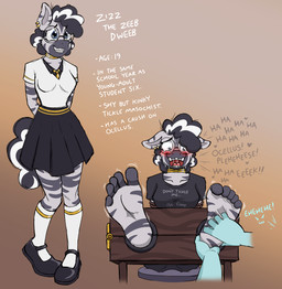 >:3 anthro bdsm black_bottomwear black_clothing black_footwear black_shirt black_shoes black_skirt black_topwear blue_eyes blush bodily_fluids bondage bottomwear bound bound_female braces clothing dialogue ear_piercing eyewear feet female footwear glasses knee_highs knee_socks legwear mary_janes neck_ring necktie piercing restraints rope rope_bondage round_glasses saliva shirt shoes skirt socks solo stockings sweat sweatdrop t-shirt tears text tickle_fetish tickle_torture tickling tickling_feet topwear caroo friendship_is_magic hasbro my_little_pony ocellus_(mlp) zizz_(chimera3xd) equid equine mammal zebra english_text hi_res