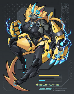 anthro anthrofied armor big_breasts breasts clawed_gauntlets cleavage cleavage_cutout clothed clothing cutout electricity electroshock_weapon energy_claws energy_weapon female gauntlets_(weapon) huge_breasts machine mecha_musume multicolored_body simple_background solo text thick_thighs weapon wide_hips yellow_body ishiexe machine_girl nintendo pokemon aurora_(nbanoob) felid feline generation_7_pokemon legendary_pokemon mammal pokemon_(species) zeraora absurd_res artist_name cel_shading digital_drawing_(artwork) digital_media_(artwork) english_text hi_res shaded
