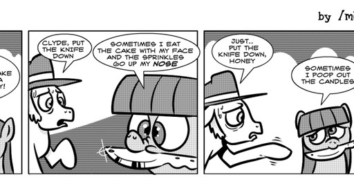asking asking_another asking_where command dialogue duo female knife knife_in_mouth male mouth_hold name_drop name_in_dialogue object_in_mouth question speech_bubble talking_to_another term_of_endearment text anonymous_artist friendship_is_magic hasbro my_little_pony clyde_pie_jr_(mlp) igneous_rock_(mlp) earth_pony equid equine horse mammal pony comic english_text monochrome