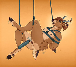 andromorph andromorph_anthro anthro antlers arms_tied bdsm bondage bound box_tie boxtie brown_body brown_fur brown_hair cloven_hooves ejaculation eyes_closed fur genitals hair hooves horn intersex intersex_anthro legs_tied nipples nude_andromorph nude_anthro open_mouth restraints rope rope_bondage rope_harness sex_toy simple_background solo suspension suspension_bondage underhoof vibrator vibrator_on_clitoris vibrator_on_pussy vulva wand_vibrator yellow_background interkos deer mammal trans_(lore) trans_man_(lore)