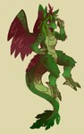 3_toes 4_fingers ambiguous_gender anthro brown_body brown_feathers claws dragon feathers feet fingers fur green_body green_fur green_hair hair hi_res horn hybrid kyisha mythological_creature mythological_scalie mythology pink_eyes retros scales scalie solo tail talons toes wings