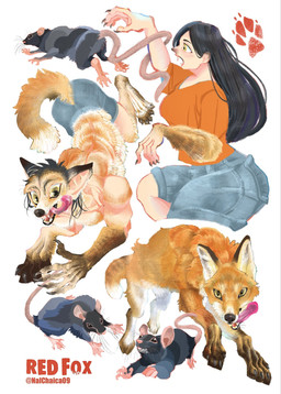 ambiguous_gender anthro clothed clothing duo female feral human_to_feral hunting simple_background species_transformation tongue tongue_out transformation white_background nal_chaica canid canine fox human mammal murid murine rat red_fox rodent true_fox hi_res