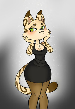 anthro black_clothing black_dress blush breast_tuft cat_tail clothing cocktail_dress dress eyeshadow fur green_eyes hand_on_cheek hand_on_face legwear makeup pantyhose patterned_fur smile solo sparkles standing striped_body striped_fur stripes tuft vignette wide_hips yellow_body yellow_fur doodlebunnyart domestic_cat felid feline felis mammal