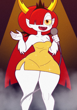 clothing dress electronics eyelashes female hair holding_microphone holding_object horn microphone orange_eyes red_hair solo yellow_clothing yellow_dress yellow_horn yellow_sclera tonyneely disney star_vs._the_forces_of_evil hekapoo horned_humanoid humanoid 2026 digital_drawing_(artwork) digital_media_(artwork) hi_res tagme