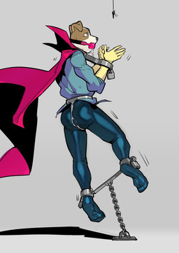 anthro athletic athletic_anthro athletic_male ball_gag biped brown_body brown_fur cape chained_to_floor chastity_belt chastity_device clothing cuff_(restraint) floppy_ears fur gag handcuffs key male metal_chastity_belt metal_cuffs pink_ball_gag pink_cape pink_clothing restraints shrew's_fiddle solo spreader_bar stocks superhero white_body white_fur grumpy_gray_guy canid canine canis domestic_dog mammal 2025 hi_res