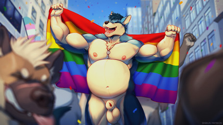 5_fingers animal_genitalia animal_penis anthro balls belly blue_body blue_fur blue_hair blurred_background blurred_foreground brown_body brown_fur canine_genitalia canine_penis city city_background confetti depth_of_field detailed_background eyes_closed fingers flag flag_(object) front_view fur genitals group hair holding_flag holding_object jewelry lgbt_pride male male_anthro musclegut muscular muscular_anthro muscular_male navel necklace nipples nude nude_anthro nude_male open_mouth open_smile outdoor_nudity outside overweight overweight_anthro overweight_male parade penis penis_tip pride_colors public public_nudity rainbow_flag rainbow_pride_flag rainbow_symbol red_penis sheath smile solo_focus standing tan_body tan_fur teeth tongue tongue_out transgender_pride_colors sinibun_95 quintral canid canine canis mammal wolf 16:9 2022 digital_media_(artwork) widescreen