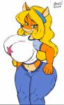 anthro bedroom_eyes big_breasts blonde_hair breasts clothed clothing curvy_figure deep_navel female green_eyes hair huge_breasts looking_at_viewer midriff narrowed_eyes navel seductive simple_background solo thick_thighs voluptuous white_background wide_hips zhengfox activision crash_bandicoot_(series) coco_bandicoot bandicoot mammal marsupial 2018 hi_res