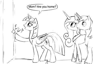 dialogue feathered_wings feathers female feral group horn male text wings silfoe friendship_is_magic hasbro my_little_pony mythology princess_cadance_(mlp) shining_armor_(mlp) twilight_sparkle_(mlp) equid equine mammal mythological_creature mythological_equine unicorn winged_unicorn 2015 english_text hi_res monochrome