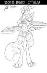 2015 anthro arashidrgn bandai_namco big_breasts blue_eyes breasts canid canine chest_tuft clothing digimon digimon_(species) digitigrade exposed_breasts female food french fur hat headgear headwear hi_res italian mammal monochrome nipples open_mouth pizza renamon solo tuft yellow_body yellow_fur