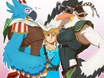 anthro beak biceps blonde_hair blue_body blue_eyes blue_feathers blush embarrassed eyewear feathers goggles group hair male male/male manwiched pecs scarf size_difference trio white_body white_feathers yellow_eyes ppaljang breath_of_the_wild nintendo tears_of_the_kingdom the_legend_of_zelda kass_(tloz) link penn_(tloz) avian bird humanoid hylian parrot pelecaniform pelican rito 4:3 hi_res