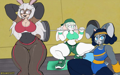 abstract_background accessory anthro big_breasts black_body black_clothing black_fur black_hair blonde_hair blue_clothing blue_eyes breasts brown_body brown_clothing brown_fur cleavage clothed clothed_anthro clothing exercise eyewear female flat_chested footwear fur glasses green_clothing green_eyes green_footwear green_hat green_headwear green_shoes green_topwear grey_body grey_fur group hair hat headband headgear headwear holding_object holidays huge_breasts huge_hips multicolored_body multicolored_clothing open_mouth orange_clothing red_clothing red_eyes red_topwear shoes tail tail_tuft text topwear trio tuft wearing_glasses weightlifting white_body white_fur white_hair wide_hips workout sawcraft1 lagomorph leporid mammal rabbit 2026 artist_name hi_res signature
