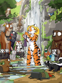ambiguous_gender anthro backpack black_body black_fur breasts brown_body brown_fur candy dessert female feral food fur grey_body grey_fur group lollipop navel nipples nude orange_body orange_fur partially_submerged pink_nose rating_card stripes tail waterfall cartoonwolf jessie_(tigerknight) amphibian avian bear beaver bird canid canine canis felid frog galliform lagomorph leporid mammal mephitid owl pantherine phasianid rabbit reptile rodent scalie sciurid skunk snake tiger tree_squirrel wolf 2025 3:4 hi_res signature
