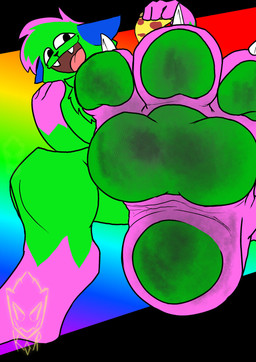 3_toes anthro blue_ears cheek_tuft claws dirty dirty_feet facial_tuft fangs feet food foot_focus green_body green_pawpads green_tuft leg_markings looking_at_viewer low-angle_view male markings pawpads pepperoni pepperoni_pizza pink_feet pink_socks_(marking) pizza plantigrade_pawpads rainbow_background simple_background socks_(marking) solo teeth thick_feet toe_claws toes tuft flushedspace don't_touch_my_pizza_(meme) epic_face nyanwolf kevin_(nyanwolf) hi_res