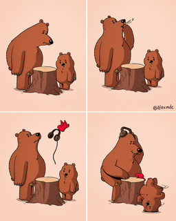 age_difference anthro beak black_eyes black_nose breakdancing brown_body brown_fur cord dancing disc_jockey duo electronics feral flying fur headphones leaf male simple_eyes size_difference spinning tree_stump whistling alex_solis avian bear bird brown_bear mammal ursine 4:5 comic hi_res