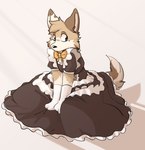 anthro bow_tie brown_body brown_fur clothed clothing crossdressing dress femboy fur gloves hands_on_lap handwear head_tuft kneeling maid_uniform male sitting solo tuft uniform pop2hotzz mocha_(pop2hotzz) canid canine canis domestic_dog mammal