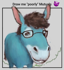 anthro blue_body blue_fur brown_hair donkey_tail ears_up emoji eyewear fur glasses hair long_ears looking_at_viewer male smile smiling_at_viewer solo tail teeth teeth_showing text wearing_glasses white_body white_fur reynard_goodfellow sketchy_mouse asinus donkey equid equine mammal