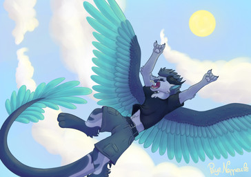 anthro blue_body blue_eyes blue_feathers blue_fur clothing cloud fangs feathered_wings feathers flying fur happy male sky solo sun tail tail_feathers teeth wings paye_nappeule mythology sweven_(character) dragon furred_dragon furred_scalie mythological_creature mythological_scalie scalie digital_media_(artwork) hi_res ibispaint_(artwork)