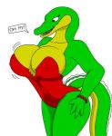 anthro big_breasts breast_expansion breasts clothing dress expansion female hand_on_hip nipple_outline non-mammal_breasts solo text tight_clothing wardrobe_malfunction day-tripper-guy the_first_funky_fighter cro_funky alligator alligatorid crocodilian reptile scalie