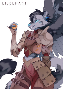 4_eyes anthro armor big_tail blue_eyes claws clothing feathers fluffy fluffy_tail fur grey_body grey_fur knight machine magic male multi_eye power_armor red_clothing ribbons shoulder_pads simple_background solo spikes tail tape warrior white_background wings liloli_(artist) felid feline hybrid mammal pantherine hi_res