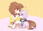 ahoge braided_hair brown_body brown_eyes brown_fur cat_tail clothing collar dog_ears dog_tail duo eyelashes female feral feralized fur hair heart_symbol jacket open_mouth open_smile purple_eyes simple_background smile tail topwear white_body white_fur user_wnnm5534 hololive vtuber inugami_korone okayu_nekomata canid canine canis domestic_cat domestic_dog felid feline felis mammal 2022